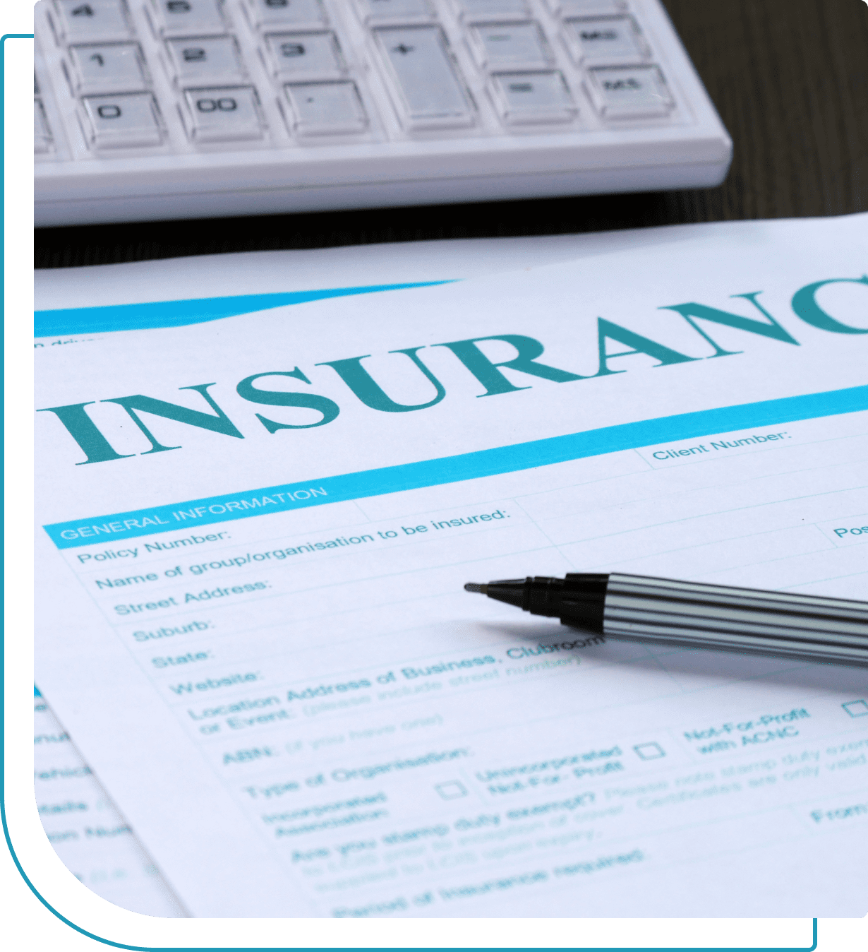 Group 1321316013 Insurance document with pen and calculator.